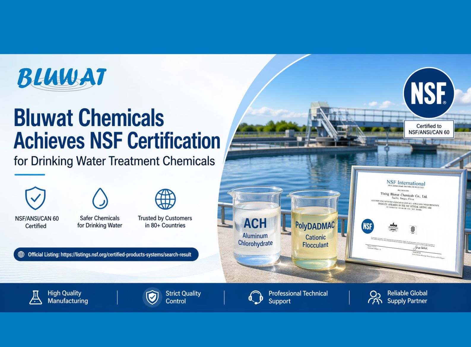 Blog công ty mới nhất về Bluwat Chemicals Đạt Chứng Nhận NSF Cho Hóa Chất Xử Lý Nước Uống