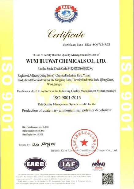 Trung Quốc Yixing bluwat chemicals co.,ltd Chứng chỉ
